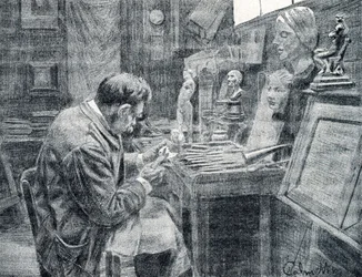 Dělník ze slonoviny vyřezává slonovinu dláty, škrabkami a dlabami Rytina z „Excursion a travers les metiers“ od Pierre Calmette Private Collection