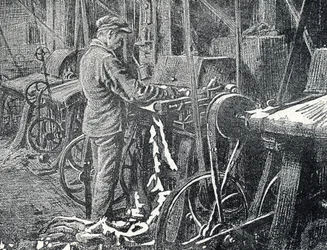 Kožedělný průmysl: mechanické sekání kožešin Rytina z „Excursion a travers les metiers“ od Pierre Calmette Private Collection