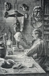 Výroba divadelních a maskovacích masek Rytina z „Excursion a travers les metiers“ od Pierre Calmette Private Collection