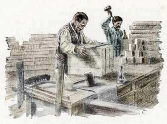 Savonnerie: řezání mýdlových chlebů (výroba kostek mýdla) Rytina z „Exkurze po řemeslech“ od Pierre Calmette Private Collection