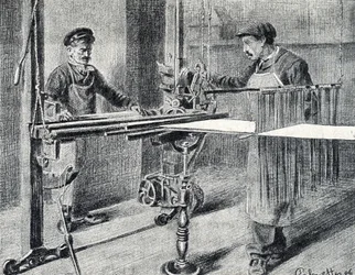 Hedvábná dílna: příprava řetízku u složky (Hedvábná práce) Rytina z „Exkurze po metierech“ od Pierre Calmette Private Collection