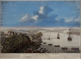Pohled na místo přistání nad městem Quebec popisující útok...na Hauteurs DE Abraham 13. září 1759, kolem roku 1760