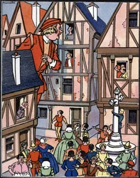 Obr Gargantua v ulicích Chinon Ilustrace Pierra Cousellese (zemřel 1938) z „Gargantua“ od Francoise Rabelaise
