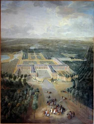 Perspektivní pohled na zámek a zahrady Trianon: promenáda krále Ludvíka XV na koni. Obraz Pierra Denise Martina (1663-1742). 18. století. Ztlumit. 2,96 x 2,23 m. Versailles, musee du Chateau - Perspektivní pohled na zámek a zahrady Tria