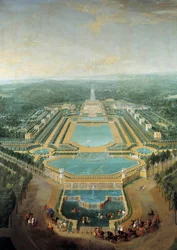 Perspektivní pohled na hrad Marly, král Ludvík XV. (1710-1774) dítě v kočáru projíždí před zavlažovacím žlabem Malba Pierra Denise Martina (1663-1742) 1724 Ne. 2,96 x 2,24 m
