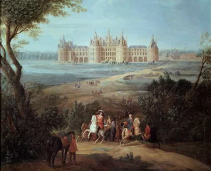 Pohled na Chateau de Chambord, regent Philippe II vévoda z Orleans (1674-1723) dává příkaz k lovu Obraz Pierra Denise Martina (1663-1742) 1722 Ne. 1,3x1,5 m - Pohled na Chateau de Chambord, regent Philippe II vévoda z Orleans (1674-172