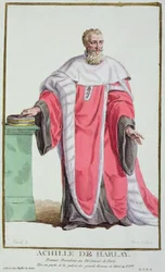 Achille de Harlay z „Receuil des Estampes, Representant des Rangs et des Dignites, podle Kostýmu všech existujících národů“, vydáno 1780 (ručně kolorovaná rytina)