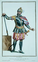 Albert Smělý (1443-1500) saský vévoda z Receuil des Estampes, představující hodnostáře a hodnostáře, podle Kostýmu všech existujících národů, vydaný 1780 (ručně kolorovaná rytina)