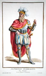 Alfonso V (1396-1458) král Aragonie a Sicílie, z „Recueil des Estampes, představující hodnosti a hodnostáře, podle kostýmu všech existujících národů“, vydané v roce 1780 (ručně kolorovaná rytina)