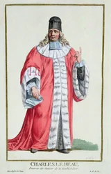 Charles le Beau (1701-78) z knihy "Receuil des Estampes, Representant les Rangs et les Dignites, suivant le Costume de toutes les Nations existantes", vydané roku 1780 (ručně kolorovaná rytina)