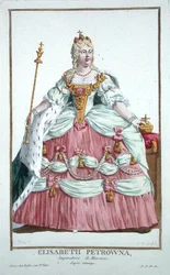 Alžběta Petrovna (1709-62) ruská císařovna (1741-62) z „Receuil des Estampes, reprezentující hodnosti a hodnostáře, podle kostýmu všech existujících národů“, vydáno 1780 (ručně kolorovaná rytina)