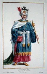 Císař Kaugun ze „Sbírky tisků, představujících hodnosti a hodnostáře, podle kostýmu všech existujících národů“, vydané v roce 1780 (ručně kolorovaná rytina)