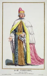 Giovanni Cornaro (1647-1722) Benátský dóže, z „Receuil des Estampes, představující hodnosti a hodnostáře, podle kostýmu všech existujících národů“, vydáno 1780 (ručně kolorovaná rytina)