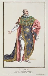 Henri IV (1553-1610) francouzský král, z „Receuil des Estampes, představující hodnosti a hodnostáře, podle kostýmu všech existujících národů“, vydáno 1780 (ručně kolorovaná rytina)
