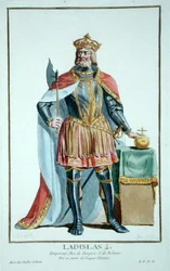 Ladislav I. (1040-95) český král z „Receuil des Estampes, představující hodnosti a hodnostáře podle kroje všech existujících národů“, vydané 1780 (ručně kolorovaná rytina)