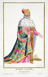 Marino Falier (1274-1355) Benátský dóže z knihy "Receuil des Estampes, Representant les Rangs et les Dignites, suivant le Costume de toutes les Nations existantes", vydané roku 1780 (ručně kolorovaná rytina)