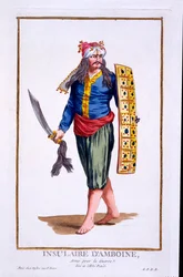 Rodák z ostrova Amboine, vyzbrojený pro válku, z „Recuil des Estampes, Representant les Rangs et des Dignités, podle Kostýmu všech existujících národů“, vydaného roku 1780 (ručně kolorovaný e
