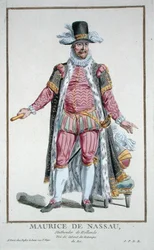 Princ Maurice z Nassau (1567-1625) Stadholder Nizozemské republiky z „Receuil des Estampes, představující hodnosti a hodnostáře, podle kostýmu všech existujících národů“, vydáno 1780 (ručně kolorovaná rytina)