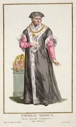 Sir Thomas More (1478-1535) z „Receuil des Estampes, reprezentující hodnosti a hodnostáře podle kostýmu všech existujících národů“, vydané v roce 1780 (ručně kolorovaná rytina)