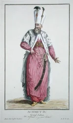 Sultán Achmet IV (r. 1603-17) z knihy "Receuil des Estampes, representant les Rangs et les Dignites, suivant le Costume de toutes les Nations existantes", vydané roku 1780 (ručně kolorovaná rytina)