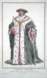 Thomas Howard (1473-1554) 3. vévoda z Norfolku z „Receuil des Estampes, představující hodnosti a hodnostáře, podle kostýmu všech existujících národů“, vydaný v roce 1780 (ručně kolorovaná rytina)