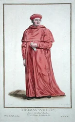 Thomas Wolsey (asi 1475-1530), z „Receuil des Estampes, představující hodnosti a hodnostáře, podle kostýmu všech existujících národů“, vydáno 1780 (ručně kolorovaná rytina)