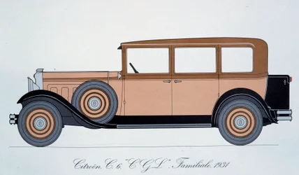 Štítek představující rodinný vůz Citroen z roku 1931