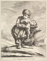 Dítě se psem, držící košík hroznů, z Premier Livre de Figures daprès les po..., 1757.