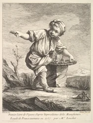 Frontispis s malým chlapcem držícím košík, od Premier Livre de Figures daprès les po..., 1757.
