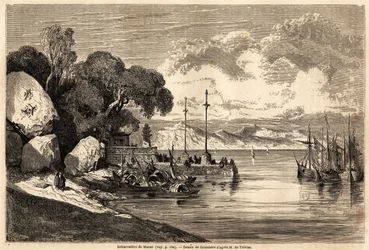 Barcadere de Macau, kresba Grandsire pro ilustraci cesty do Číny a Japonska, v letech 1857-1858, M.de Moge. Rytina do „“Celého světa, nový cestovní deník““ Paříž