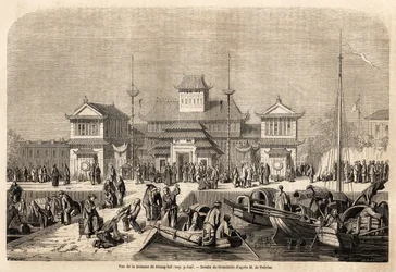 Budova Shanghai Customs Building, kresba Grandsire, ilustrující cestu do Číny a Japonska v letech 1857-1858 markýze de Moges. Rytina v „“ Le tour du monde, nouveau journal des voyages““ Paříž