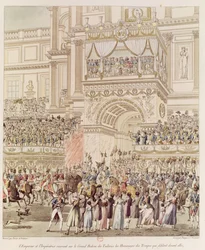 Císař a císařovna přijímající poctu francouzských vojsk z balkónu Tuileries u příležitosti jejich sňatku, vyryl Charles Pierre Joseph Normand (1765-1840) (barva