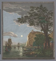 Pohled na pobřeží s loděmi a čluny na vodě za měsíčního svitu La pleine lune (název na objektu)