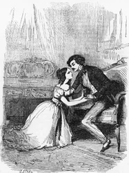 Ilustrace k Černé ovci, román Honore de Balzaca (1799-1850) z vícesvazkové sbírky s názvem Lidská komedie, rytina Pierre Gustave Eugene Staal (1817-1882)