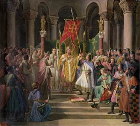Philip Augustus (1165-1223) Francouzský král přebírá prapor v St. Denis, 24. června 1190, 1841