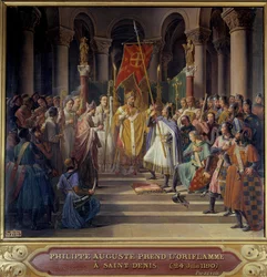 Třetí křížová výprava: „“ Král Filip August (1165-1223) bere oriflame Saint-Denis a dostává čmeláka a pannetiere z pelerinu z rukou svého strýce Williama Archeveque z Remeše a legáta papeže Klementa III. t