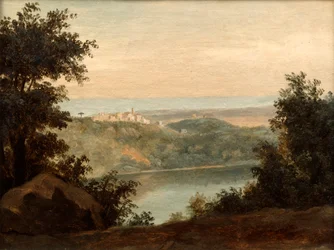 Jezero Nemi, v pozadí město Genzano, konec 18. začátek 19. stol