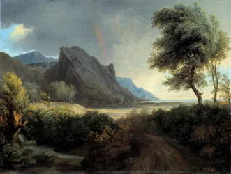 Hornatá krajina omývaná mořem. Duha. - Pierre de Valenciennes (1750-1819) 19. století Sun. 0,4x0,53 m