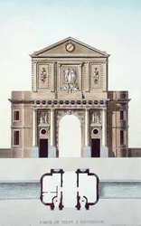 Gateway of Delft, Rotterdam, z „Výběru z nejvýznačnějších památek, budov a domů Nizozemského království“ od Pierra Jacquese Goetghebuera, vydané 1827 (akvatinta)