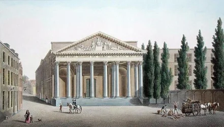 Justiční palác, Brusel, z „Výběr z nejvýznačnějších památek, budov a domů Nizozemského království“ od Pierra Jacquese Goetghebuera, vydané 1827 (akvatinta)