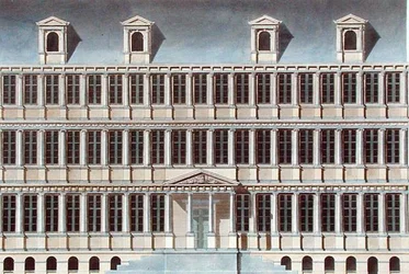 Radnice v Gentu, z „Výběr z nejvýznačnějších památek, budov a domů Nizozemského království“ od Pierra Jacquese Goetghebuera, vydané 1827 (akvatinta)