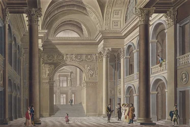 Vestibul Palais Academique v Gentu, z výběru nejvýznamnějších památek, budov a domů Nizozemského království od Pierra Jacquese Goetghebuera, rytý L. Roelandt, vyd.