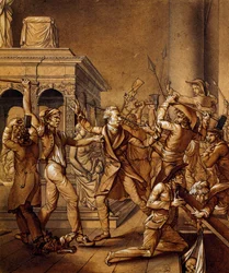 Alexandre Lenoir se staví proti zničení hrobky Ludvíka XII. v Saint Denis, historický náčrt Pierra Josepha Lafontaina (1758-1835). Francouzská revoluce, Francie