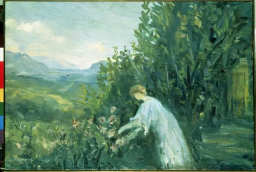 Žena v zahradě (Lady in the Garden). Obraz Pierra Laprada (1875-1931)