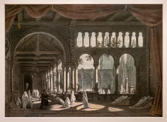 Robert čert, dekorace pro druhý obraz dějství III. 1831. Litografie