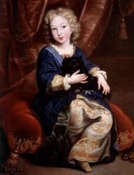 Portrét Filipa Francouzského, vévody z Anjou (1683-1746) (budoucí Filip V. Španělský) zobrazuje dítě s jeho černým psem Malba Pierra Mignarda (1612-1695)