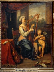 Svatá Cecílie zpívá chvály Pánu. Světice hraje na harfu a je obklopena nástroji. Obraz Pierra Mignarda (1612-1695), 1691. V. 0,74 x 0,56 m. Paříž, Musée du Louvre