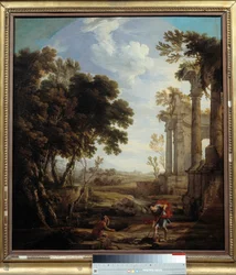 Mojžíš pohřbil pod pískem Egypťana, kterého zabil Mojžíš zabil Egypťana, který udeřil Hebrejce. Obraz Pierra Patela Otec (1605-1676). Ztlumit. 0,94x0,84 m. 17. století.