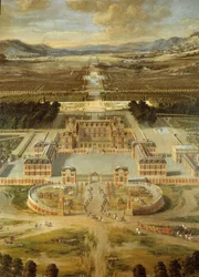 Pohled na zahrady zámku ve Versailles, pořízený z Avenue de Paris v roce 1668. Detail.