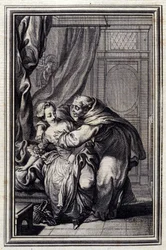 Jak duch přichází k dívkám. in "Tales et nouvelles en verse" by Jean La Fontaine. 1776. Ilustrace P. P. Choffard.